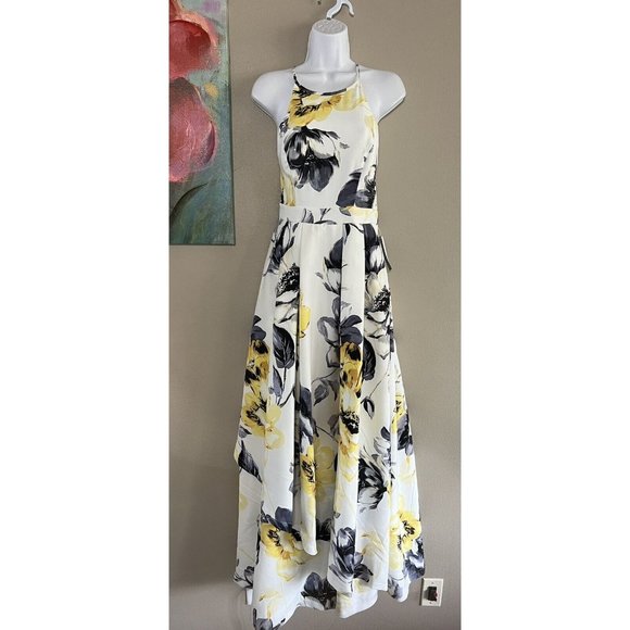NWT Xtraordinary Formal Dress Sz 5 White Yellow Gray Floral High Neck Maxi Tiers - Picture 3 of 10